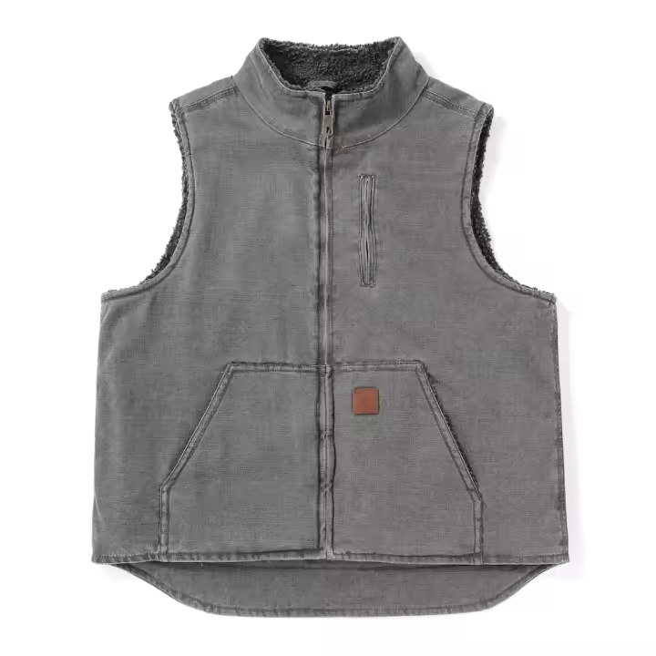 Chaleco de trabajo de algodón de pato con forro sherpa para hombre, chaqueta de lana táctica sin mangas de caza de lona simulada lavada vintage, chalecos de invierno - 1