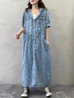 Vestido Elegante de Denim Floral para Mujer Diseño Coreano Moda 2023 Lavado a Mano Algodón Forro Manga Larga Estilo Casual Ideal para Primavera/Verano - details 2