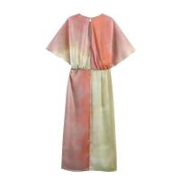 BUNO- 2025 Mujer moda seda textura Midi vestido Casual ajustado manga corta cuello pico Midi Vestidos largos Mujer - details 3