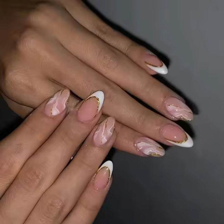 UDS de Almendra Diseño de Concha Azul Holiday Uñas Falsas de Acrílico Puntas de Uñas Francesas Cubiertas con Pegamento - 1