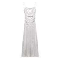 Vestido de noche para mujer con tirantes de lámina metálica, sólido, informal, sin mangas, elegante, fruncido, sin espalda, forrado - details 1