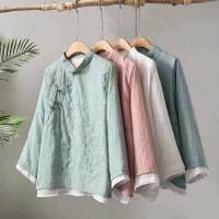 Algodón en mujer blusa estilo bordado wer patrón nudo botón cuello alto A e camisa china - details 1