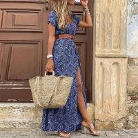 Vestido bohemio de verano para mujer, talla grande con abertura, traje elegante, manga corta, cinturón en la cintura, 2025 - details 10
