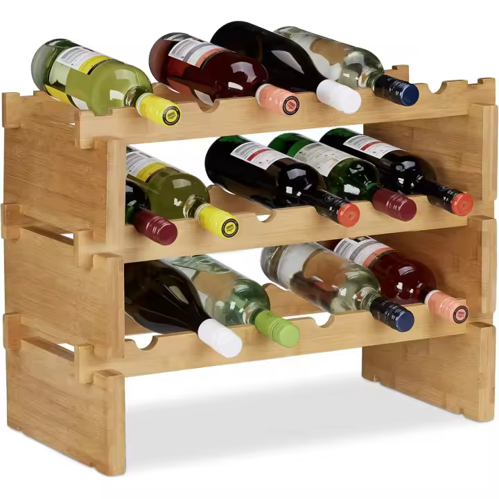 Relaxdays Botellero de Vino Apilable hasta 36 Botellas, Bambú, Marrón, 3 Niveles - 1