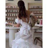 Vestido elegante con volantes y espalda descubierta para mujer, cuello oblicuo, sin mangas, con cordones, dobladillo irregular, largo hasta el suelo, vestidos para mujer de primavera - details 5