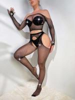 Conjunto de ropa interior de cristal de 2 piezas TRE sin entrepierna con parte superior de bodystocking de rejilla con diamantes de imitación sexy - details 6