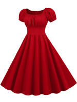 Summer women puff sleeve casual vintage party solid elegant midi dress - details 2