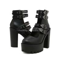 Dropshipping logo otoño nuevo artículo negro estilo gótico tacones altos gruesos zapatos de mujer hebilla de metal cinturón botas de suela gruesa - details 5