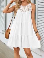 Minifalda de playa de verano para mujer, vestido bohemio blanco Ence Calado, cuello camisola sin mangas, vestido plisado liso vintage - details 1