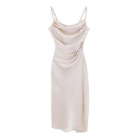 Estatura pequeña, puro deseo, vestido camisola de satén irregular, ceñido a la cintura, adelgazante, sensación de alta gama, lujo ligero - details 0