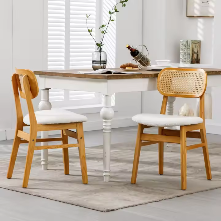 Juego de 2 Sillas de Comedor de Madera Maciza, Sillas de Cocina con Respaldo de Ratán, Sillas Rústicas Tapizadas en Cuero PU para Restaurante/Cafetería - 1