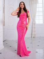 Vestido de fiesta con forro completo de lentejuelas rosa brillante, con tirantes, ajustado, acolchado, para noche y discoteca - details 3