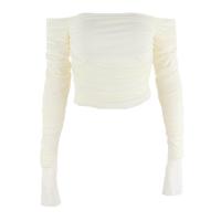 Mujer sexy fuera del hombro malla delgada manga trompeta manga larga crop top camiseta mujer - details 4