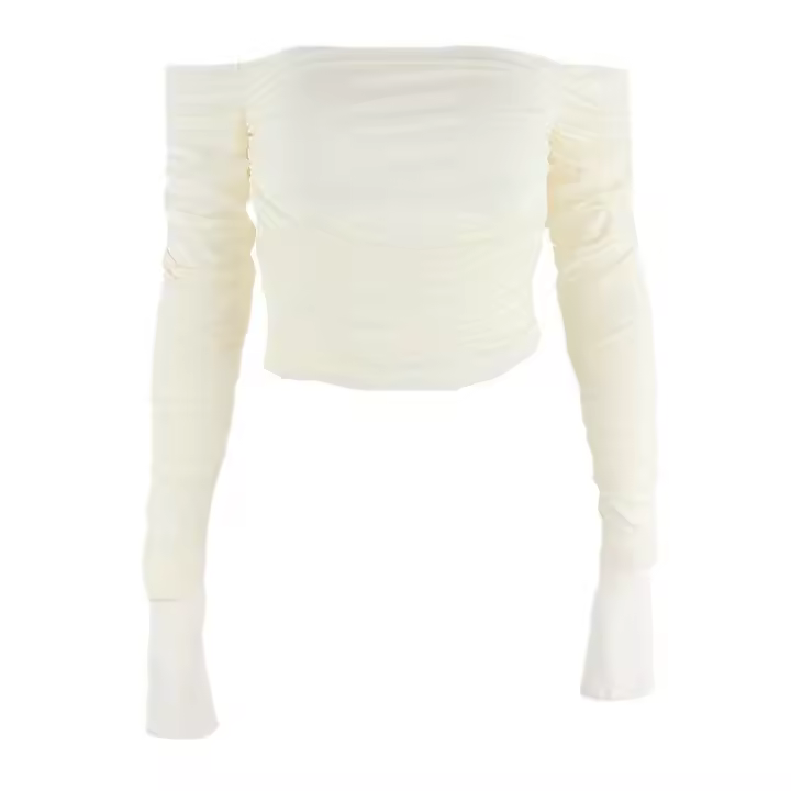 Mujer sexy fuera del hombro malla delgada manga trompeta manga larga crop top camiseta mujer - 1