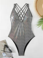 Shiny Silver Deep V Neck Halter One Piece Swimsuit 2024 Swimwear for Women Sexy Bathing Suit High Waist Monokini - details 2
