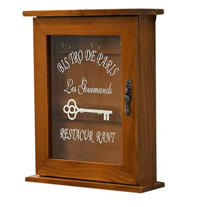 Caja para llaves de madera, retro, de pared, armario para llaves con puerta magnética, almacenamiento duradero de madera maciza con 6 ganchos-B marrón oscuro - 1