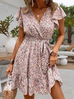 Mini Vestido Floral de Verano Cuello en V, Manga Corta con Volantes, Vestido Elegante de Línea A con Cinturón para Mujeres - details 2