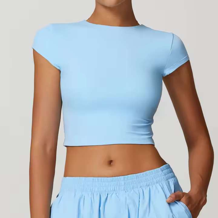Camiseta deportiva de manga corta con cuello redondo para mujer, Camisa ajustada de manga corta para Yoga, secado fino, para correr - 1