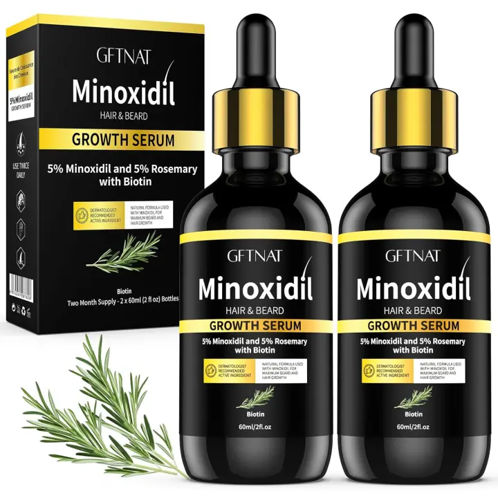 5% Minoxidil con romero para hombres y mujeres, kit de crecimiento de barba, suero para el cuero cabelludo para cabello más grueso y completo (2 x 2 fl oz) - 1