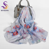 BYSIFA 4 momme Bufanda larga de seda 100% para mujer Elegante diseño de flor de magelia rosa púrpura Gasa de verano Mantón de protección solar ultralargo Envolturas de playa para cubrir con embalaje de regalo - details 7
