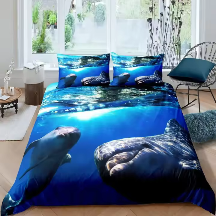 Juego de Ropa de Cama de Pulpa 3D de Dolphin Cubierta de Edredón de Tamaño Rey con Diseño de Mar Azul Material de Poliéster para Adultos y Niños - 1