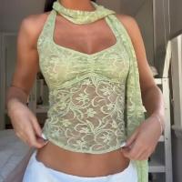 BUNO-Top corto transparente de encaje con cuello Halter para mujer, camisetas sin mangas con espalda descubierta para fiesta y calle, camisetas básicas de moda Y2K - details 1