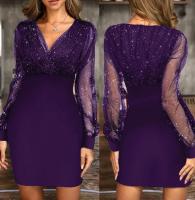 Vestido de lentejuelas con cuello en V de malla para mujer, Color sólido, ajustado, cintura alta, un paso - details 8