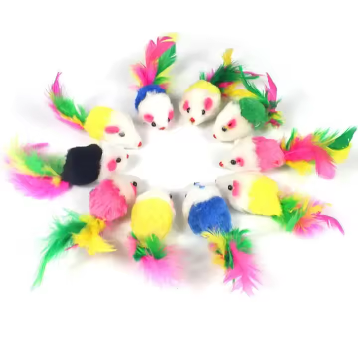 Juguetes para gatos, piel de conejo, ratón falso, pluma, ratón arcoíris, juguete divertido, juguetes para gatito - 1