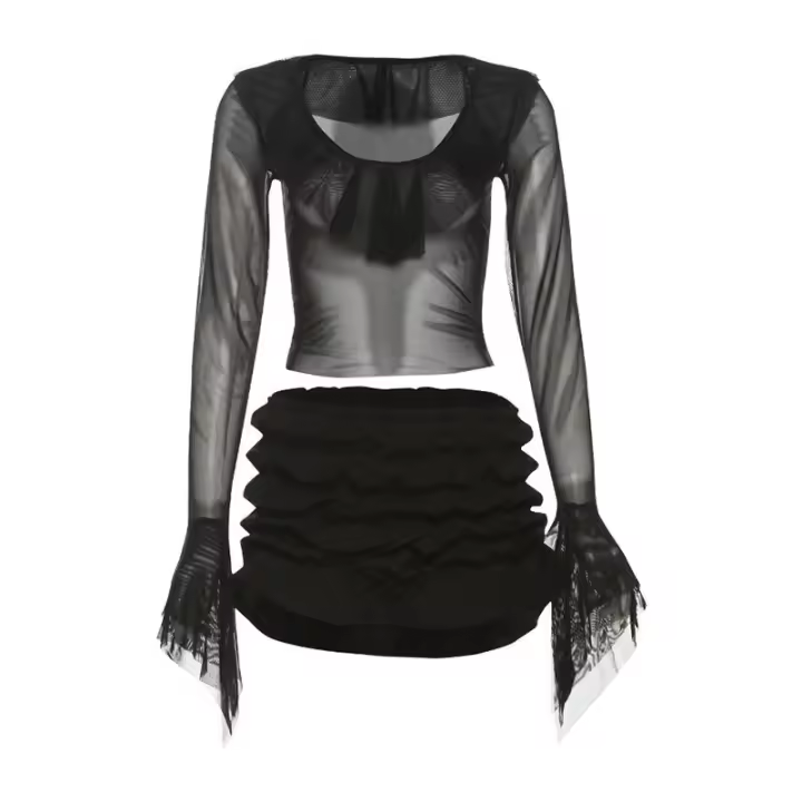 BUNO-Conjunto de 2 piezas con transparencias de gato extraño para mujer, Tops cortos con solapa y cuello oblicuo y manga acampanada + minifaldas ajustadas con niveles, traje elegante de tendencia - 1