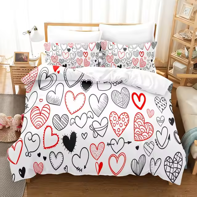 Juego de Ropa de Cama de Corazón Rosa Dulce para Chicas Comodidad de Poliéster - 1