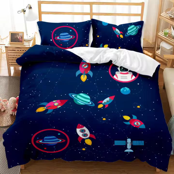 Cubierta de Edredón de Astronauta de Dibujos Animados para Niños Juego de Ropa de Cama de Poliéster Suave Estrellas de Galaxia Tamaño Rey Cubrecolchón de Dibujos Animados - 1