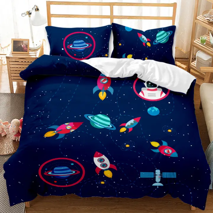Cubierta de Edredón de Astronauta de Dibujos Animados para Niños Juego de Ropa de Cama de Poliéster Suave Estrellas de Galaxia Tamaño Rey Cubrecolchón de Dibujos Animados - 1