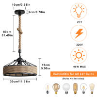 Lámpara Colgante Metal  de Estilo Rústico con 80CM Cuerda de Cáñamo, Iluminación Interior Retra para Sala de estar, Dormitorio, Comedor, Cafetería, E27 Sin Bombilla - details 1
