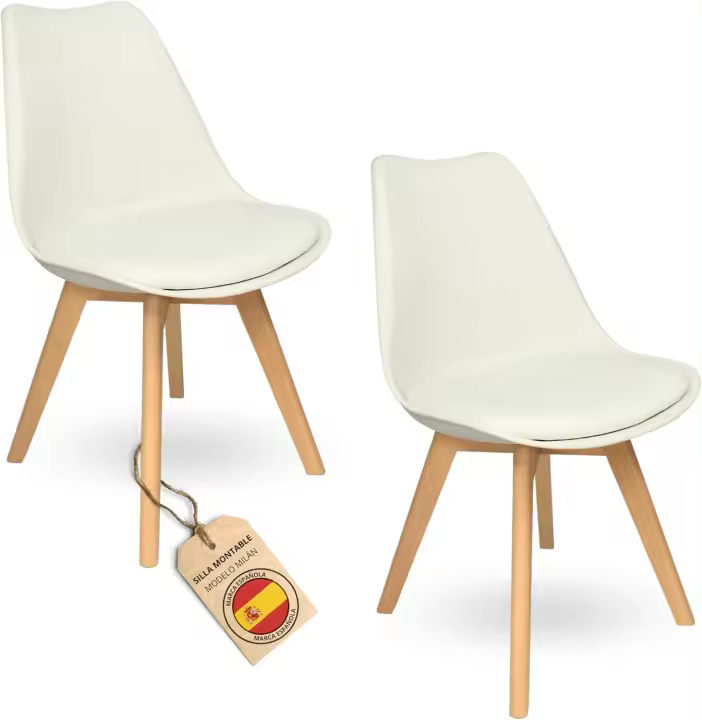 Sillas de Comedor Nórdicas con Respaldo Ergonómico |   Sillas de Cocina con Madera de Haya Maciza con Tela Anti Manchas de Polipiel (2, Blanco) - 1
