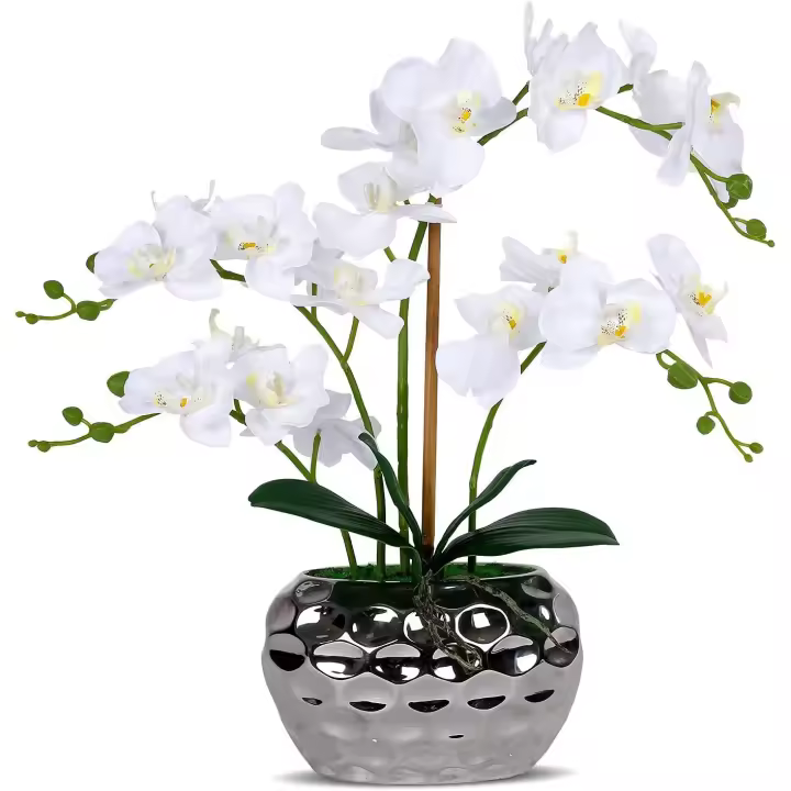 Orquídea de arte blanca en maceta plateada, plantas artificiales, planta de Orquídea Artificial, centro de mesa de comedor - 1