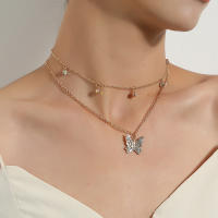 Nuevo producto de moda, collar con colgante de mariposa de diamante completo para mujer, cadena de doble capa, collar Punk con diamantes de imitación - details 0