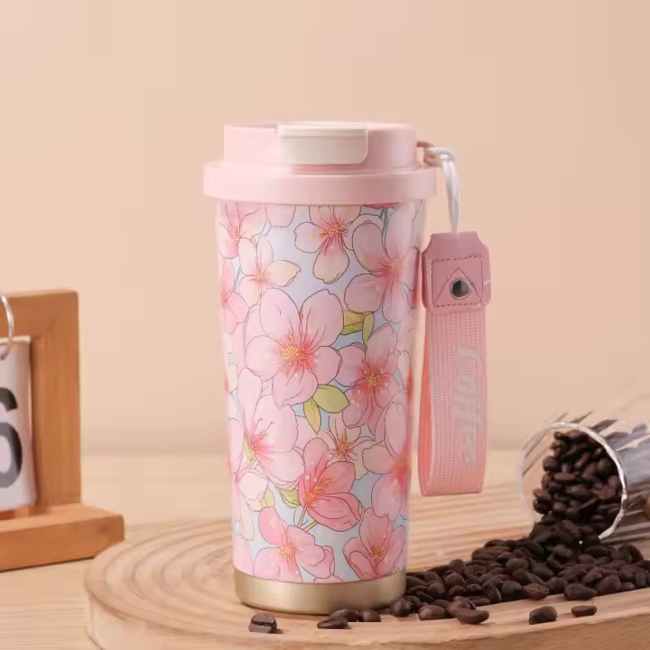 Termo portátil de acero inoxidable con diseño de flores, a prueba de fugas, capacidad de 500 ml, con pajita, doble pared, para viaje y uso en el coche. - 1