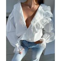 Blusa elegante de mujer con cuello en V moda para mujer joven manga larga blanca - details 3