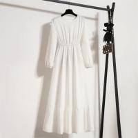 Vestido largo ajustado a la cintura con jersey de manga larga de color liso para mujer - details 10