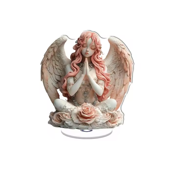 Adorno acrílico giratorio de un ángel sereno con cabello y alas rosas, adornado con joyas, sentado en una rosa en un ambiente pacífico - 1