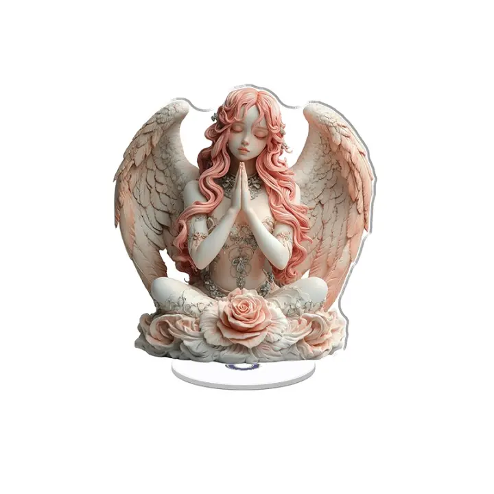Adorno acrílico giratorio de un ángel sereno con cabello y alas rosas, adornado con joyas, sentado en una rosa en un ambiente pacífico - 1