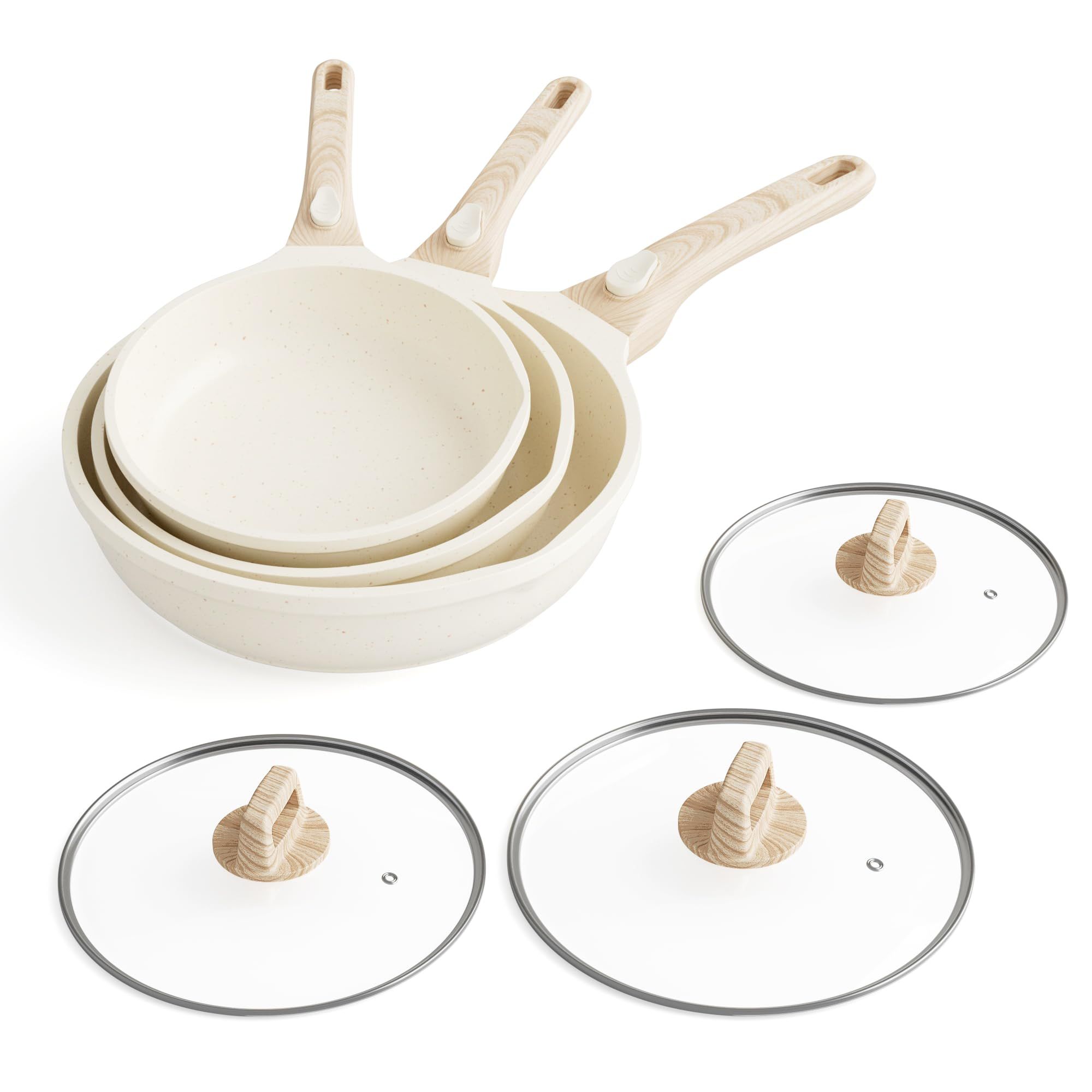 RIOVARM Inducción Juego de sartenes con asas Desmontables, Antiadherente Batería de cocina con Tapas, Granito Sartén para tortillas sin PFOA, Sartenes para freír Apto para lavavajillas y horno