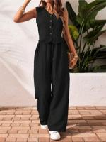 Conjunto de lino para mujer Verano 2025 Chaleco con botones y cuello en V y pantalones de pierna ancha - details 5