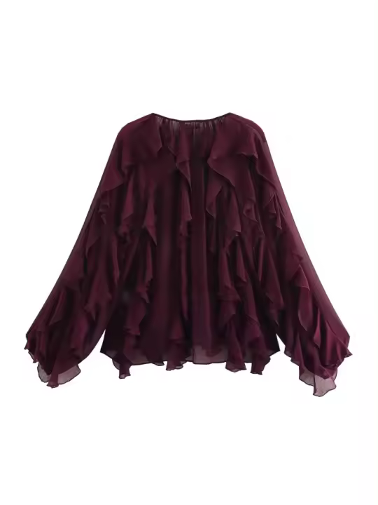 Camisa de manga larga con cuello alto y volantes decorativos en capas sueltas estilo chica caliente de primavera y verano para mujer - 1