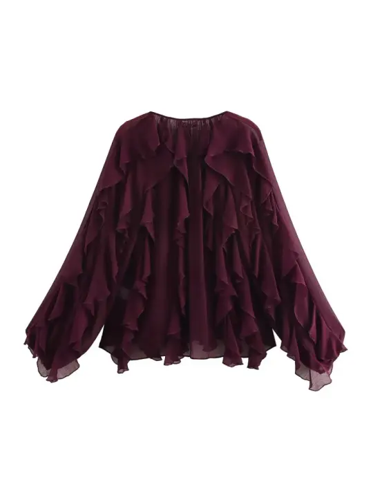 Camisa de manga larga con cuello alto y volantes decorativos en capas sueltas estilo chica caliente de primavera y verano para mujer - 1
