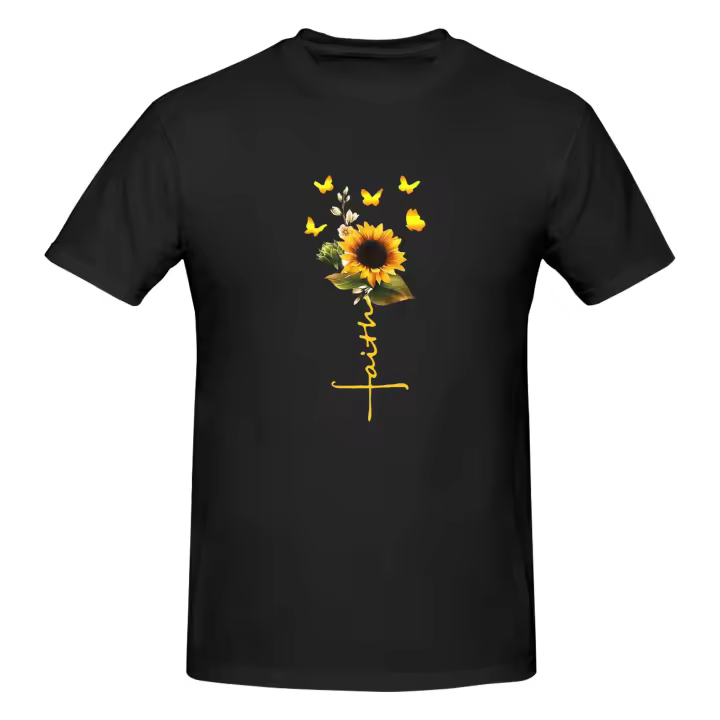 Camiseta de Mujer Girasol ‘Faith’ Algodón 100%, Transpirable, Cómoda, Estampado de Mariposas, Lavable a Máquina, 180g - 1