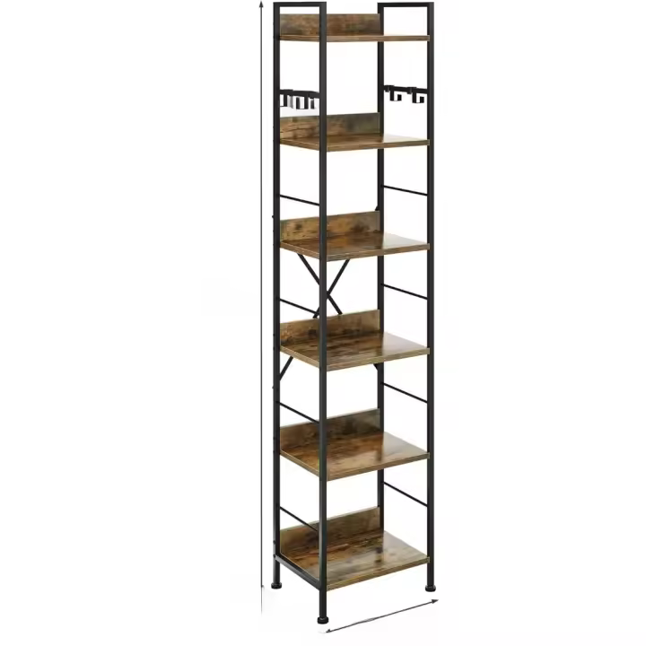 Librería de 6 Niveles Estantería de Piso con 4 Ganchos Estante de Madera y Marco de Metal - 1