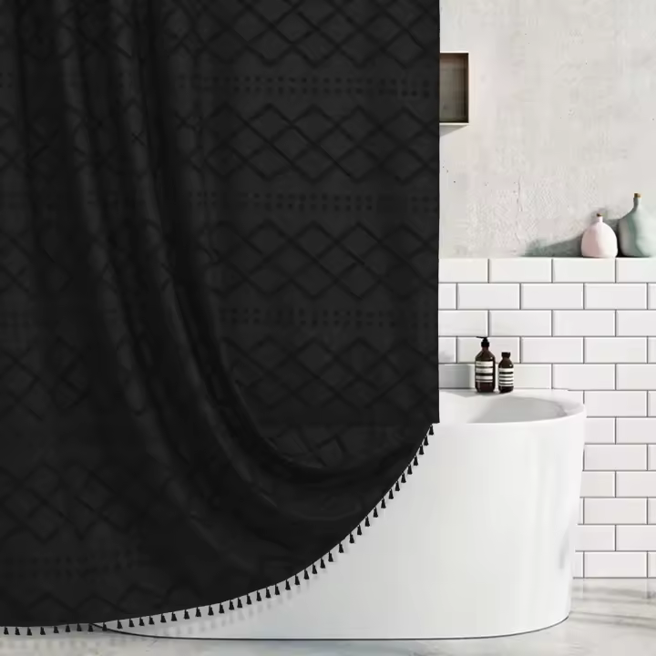 Cortina de ducha de tela tejida blanca bohemia con borlas, 72 x 72 pulgadas, casa de campo moderna, minimalista, rayas cheurón copetudo, textura desgastada, cortina de tela resistente al agua para - 1
