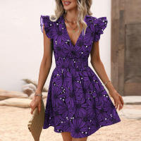 Vestido corto con estampado Floral para mujer, minivestido informal con manga con volantes, color morado - details 6