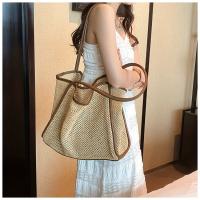 Bolso de Hombro de Paja de Gran Capacidad Textura Tejida Natural Adorno de Bloque de Color - details 8